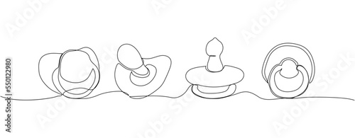 Set of pacifier, nipple one line art. Continuous line drawing of baby, kid, newborn, child, baby accessories, first teeth, health, bite, sedation