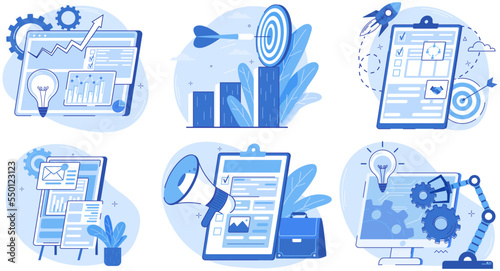 Business intelligence concept vector background illustration set with various items and symbols, clip board with plan or list, space ship, computer simulation, paper document for an analytical meeting