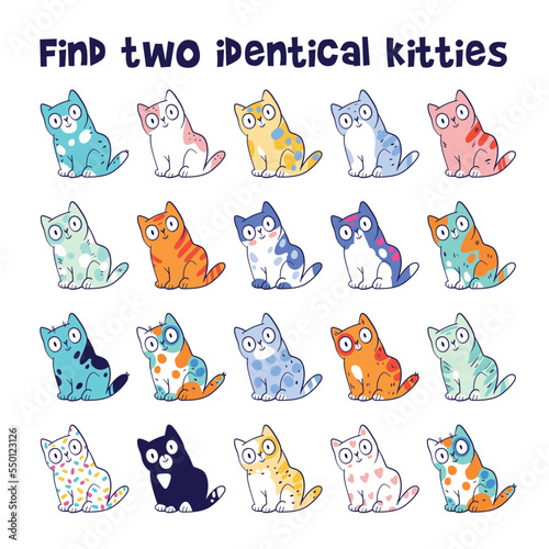 Find two identical kitties. Colorful kids puzzle. Set of cartoon vector illustrations. Isolated on white background