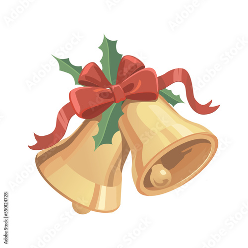 Golden metal bells with bow and ribbon isolated on a white background, Christmas symbol, school bells.