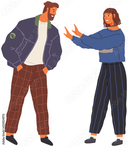 Husband and wife shouting, blaming each other of problem. Man and woman quarreling relationships, unhappy young family fighting concept. Angry woman forbids man to speak shows stop gesture with hands