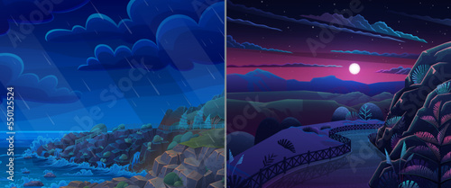 Night mountain landscape and rainy weather over sea. Panorama of amazing nature. Beautiful view on hills and meandering river. Mountain, forest and spellbinding night sky with stars and moon