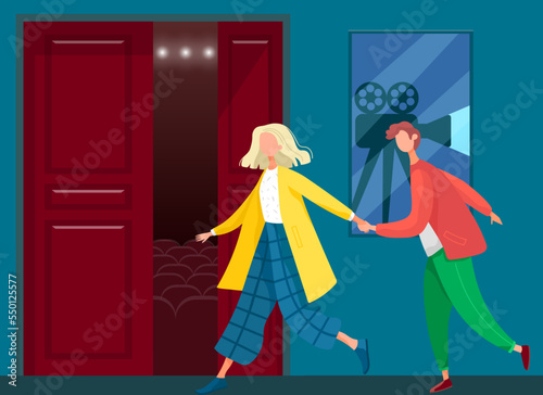 Going to cinema. Guy and girl going to watch film in cinema hall. Room with movie posters. Couple on date, girlfriend with boyfriend going inside hall with screen film watching entertainment