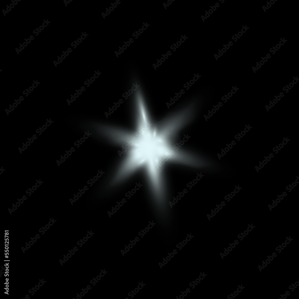 Transparent bright star isolated on black background. Sparkling realistic white, light effect. Glitter or sparkle. Glowing flashing shine. Flickering glare, flare. Vector illustration.