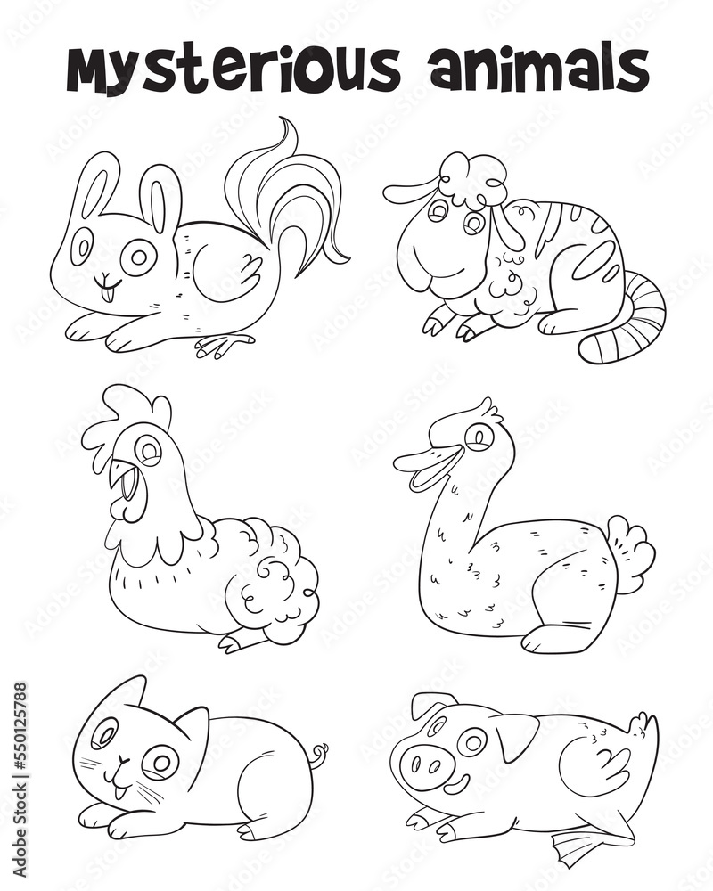 Mysterious animals. Educational game for children. Kids puzzle for the little ones. Black and white cartoon characters. Isolated on white background Mysterious animals. Educational game for children. Kids puzzle for the little ones. Black and white cartoon characters. Isolated on white background