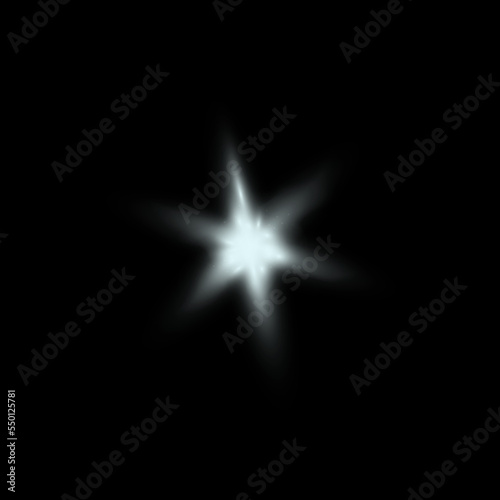 Transparent bright star isolated on black background. Sparkling realistic white, light effect. Glitter or sparkle. Glowing flashing shine. Flickering glare, flare. Vector illustration.