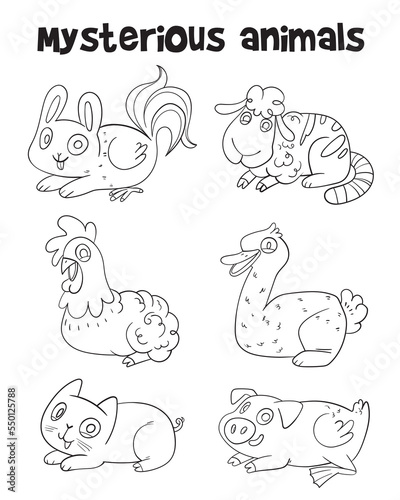 Mysterious animals. Educational game for children. Kids puzzle for the little ones. Black and white cartoon characters. Isolated on white background