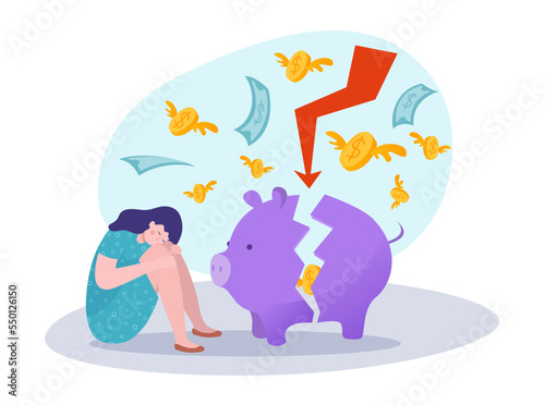 Woman character sitting near broken piggy bank, world financial crisis, bankruptcy woman flat vector illustration, isolated on white.