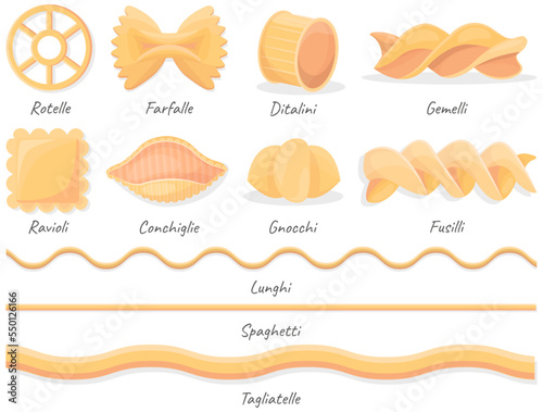 Pasta set. Italian traditional macaroni cartoon illustration icon, rotelle, spaghetti, vermicelli. Flour products for food blog or menu design. Dry ingredient, kitchen and cooking theme, restaurant