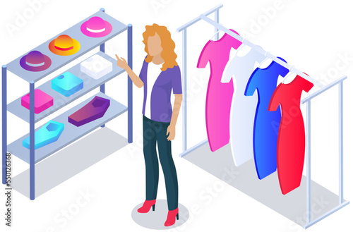 Customer choosing clothes in store. Shop assistant consultant helps buyer to choose product during shopping. Purchaser service in mall. People stand near hangers with clothes in store or boutique