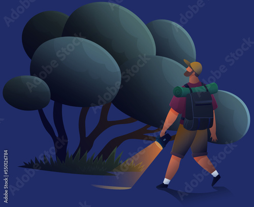 Male tourist with backpack and hiking stick walks with flashlight in dark forest. Outdoor travelling and nature camping. Woman traveler on trip. Tracking through mountains and trails, adventure time