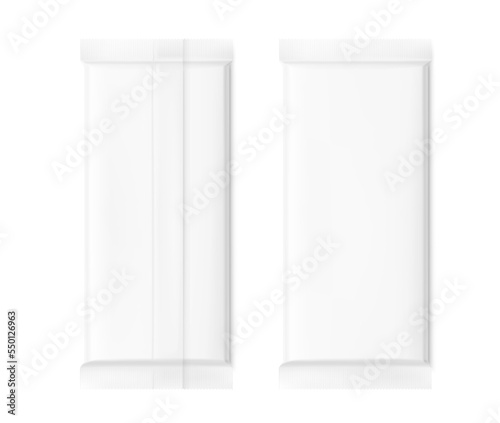 Realistic chocolate bar with shadow mockup. Front and back view. Vector illustration isolated on white background. Easy to use for your design. EPS10.	
