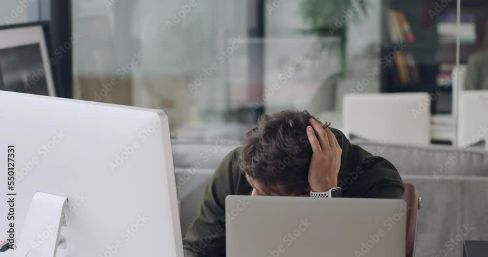 Stress, burnout and business man on computer with 404 tech glitch, mental health anxiety and problem at office desk. Frustrated, confused and tired male worker, online mistake and worried for failure