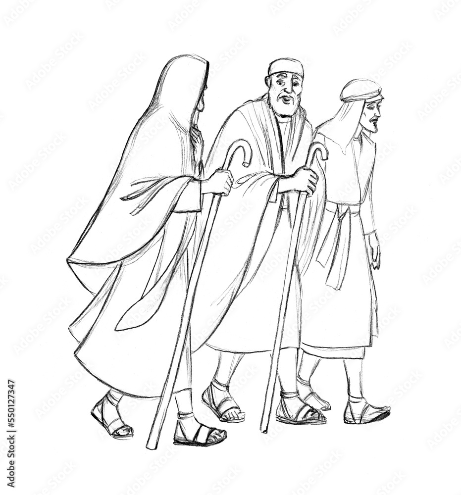 Pencil drawing. Jesus talks to the disciples as he walks the road