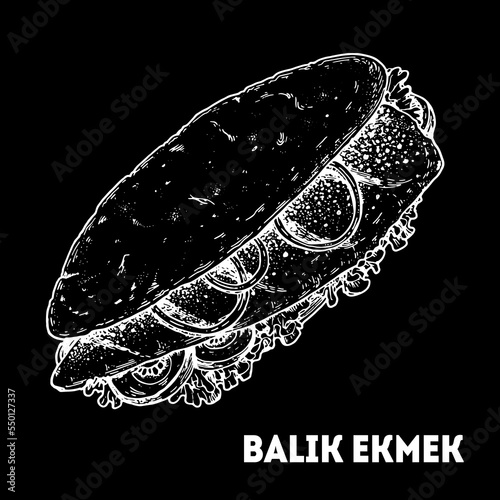 Balik Ekmek sketch, Turkish food. Hand drawn vector illustration. Turkish street food. Sketch style. Top view. Vintage vector illustration.