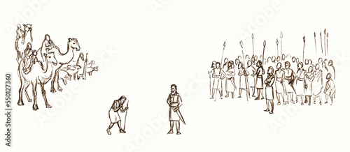 Schilderij op canvas Pencil drawing. The army watches the meeting of Jacob and Esau