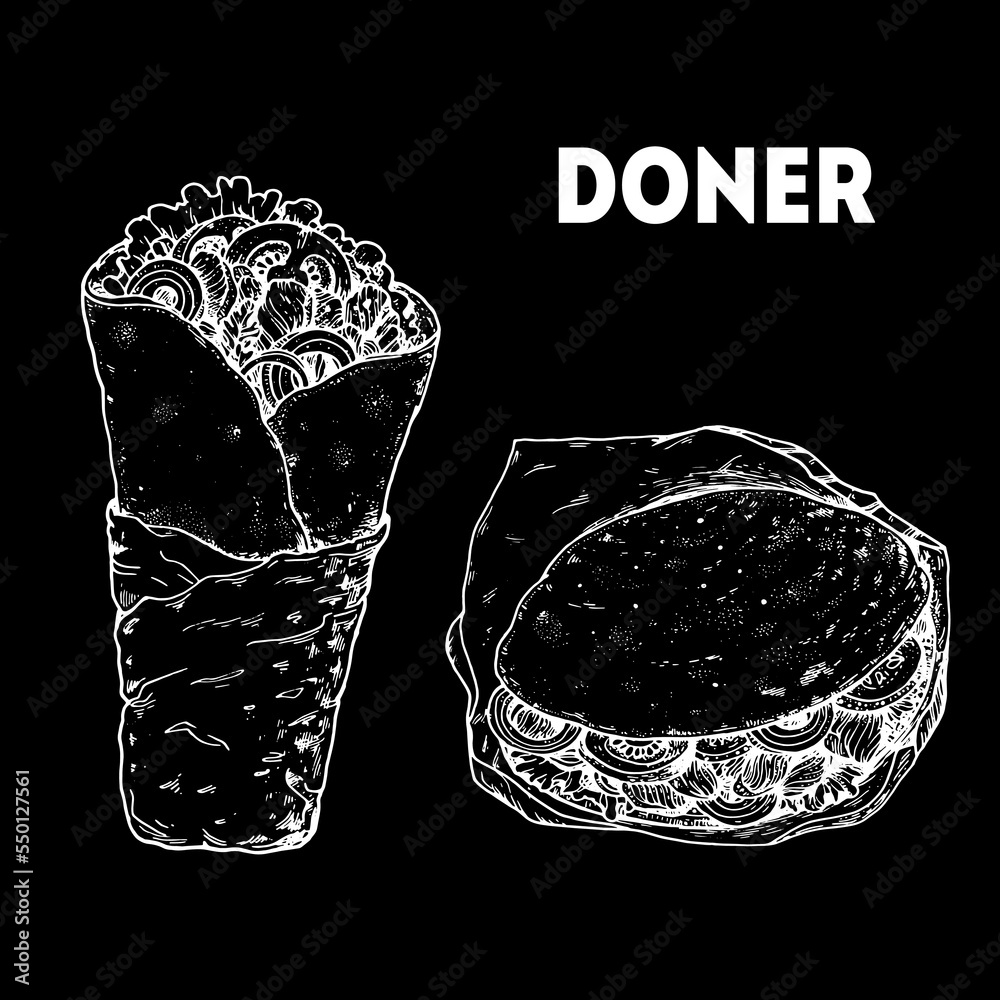 Doner kebab sketch, Turkish food. Hand drawn vector illustration ...