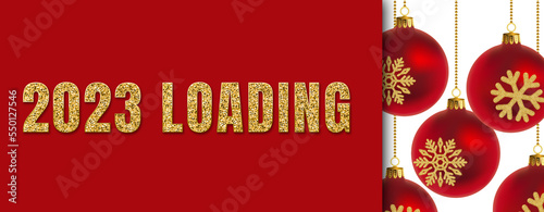 2023 loading in Happy New Year banner template with copy space. light bulbs and stars. Winter Holiday card concept. Christmas Tree With Baubles.