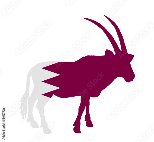 Qatar vector flag over Oryx gazelle national animal symbol silhouette illustration isolated on white background. Middle east state flag emblem. Arab country in Asia. Gemsbok antelope patriotic banner.