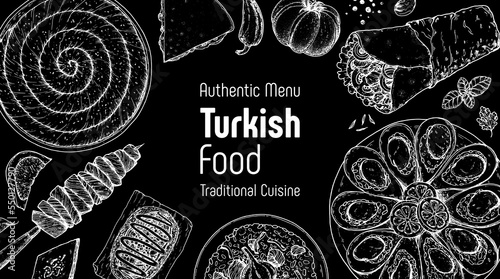 Turkish food top view vector illustration. Food menu design template. Hand drawn sketch. Turkish food menu. Vintage style. Borek, cag kebab, kumpir, pilaf, midye dolma, doner kebab, pita bread.