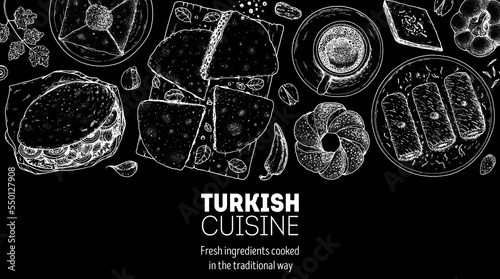 Turkish food top view vector illustration. Food menu design template. Hand drawn sketch. Turkish food menu. Vintage style. Doner kebab, katmer, gozleme, simit, turkish coffee, kadayif.
