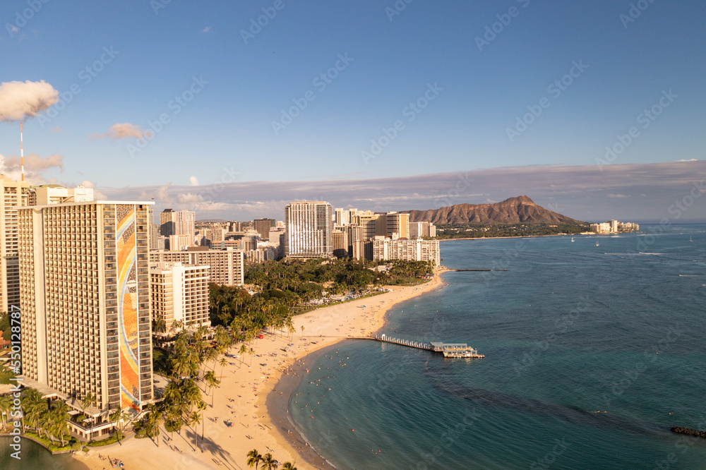 Aerial View of Waikiki Beach In The Early Evening.