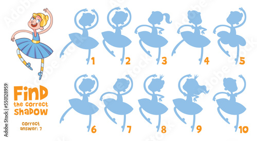 Ballerina. Find the correct shadow. Educational game for children. Cartoon vector illustration. Isolated on white background