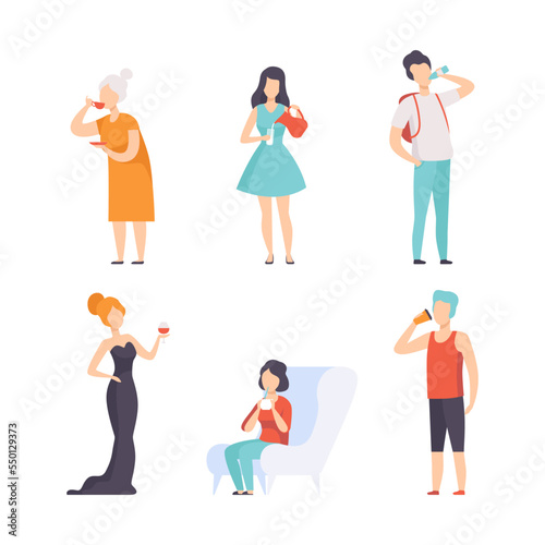 People Characters Standing and Drinking Different Beverage Vector Set