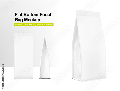Flat bottom pouch with zipper. Realistic mockup. Vector illustration. Front, side and half side view. Perfect for the presentation your product. EPS10.