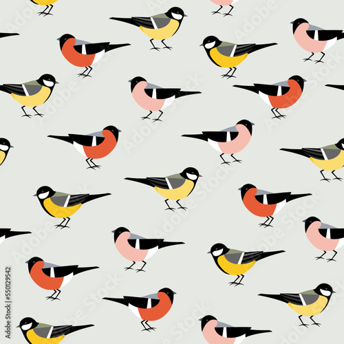 Fotobehang Bird seamless pattern with bullfinches and great tits.
