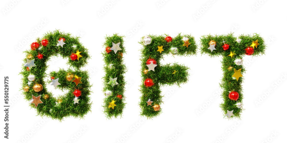 Beautiful christmas wreath in the shape of text GIFT with shiny stars and colorful orbs on transparent background (RGBA 3D Rendering PNG) Beautiful christmas wreath in the shape of text GIFT with shiny stars and colorful orbs on transparent background (RGBA 3D Rendering PNG)