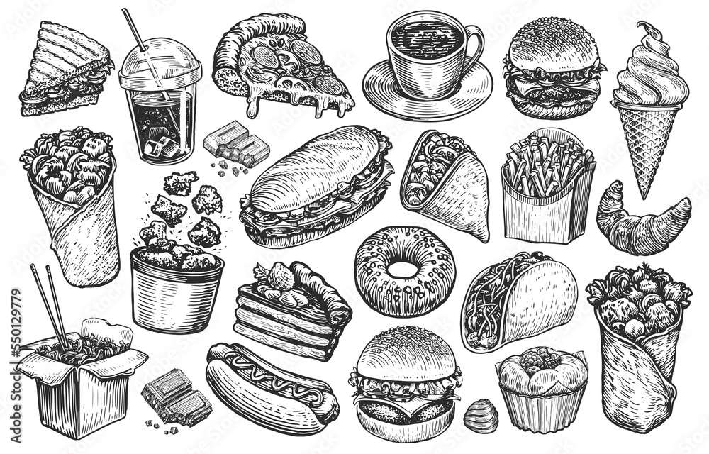 Food and Drinks illustration set. Hand drawn items collection in sketch ...