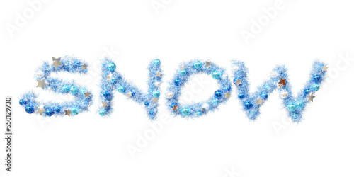 Beautiful icy christmas wreath in the shape of text SNOW with shiny silver stars and blue orbs on transparent background (RGBA 3D Rendering PNG)	