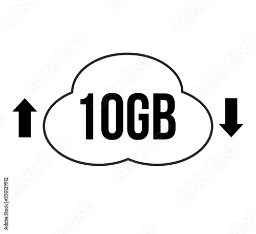 10GB capacity for download and upload. Vector for cloud file transfers on white background