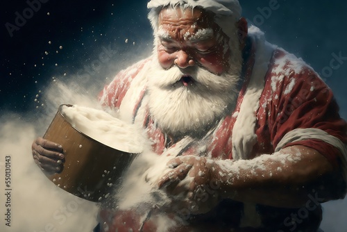 Santa snorts a ton of cocaine to get a head start on the upcoming Christmas.Illegal doping.Poor mental condition. Addiction to powdered sugar. Being overweight.Generative AI illustration photo