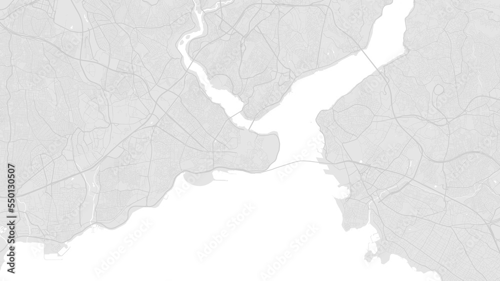 White and light grey Istanbul city area vector background map, roads and water illustration. Widescreen proportion, digital flat design.