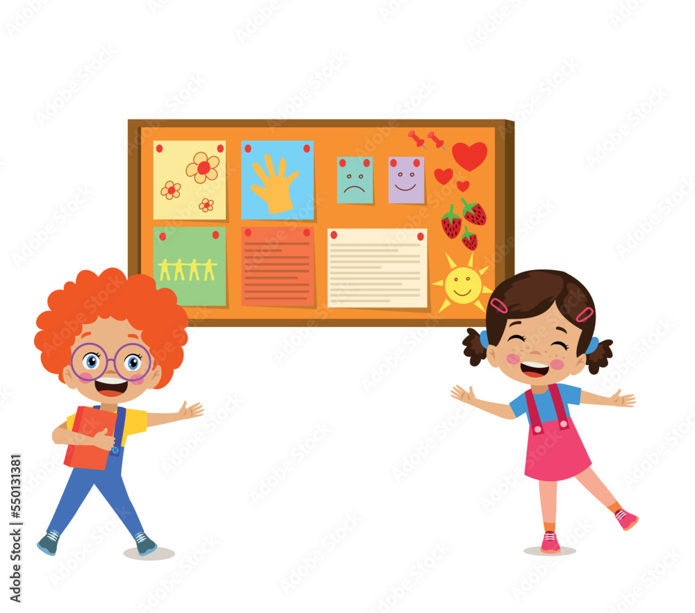 Cork board with paper notes and children picture Cork board with paper notes and children picture