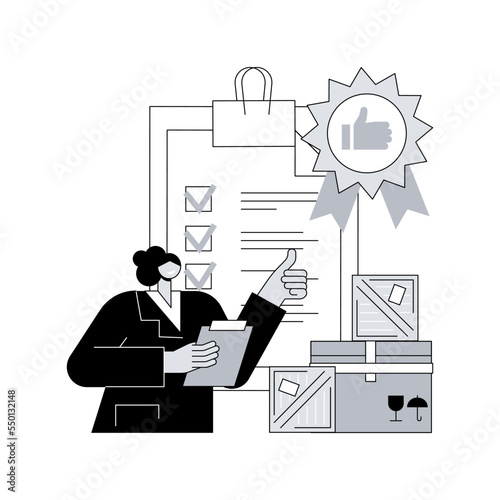 Product quality control abstract concept vector illustration. Product safety standard, customer feedback, warranty certificate, production line, business success, inspection abstract metaphor.