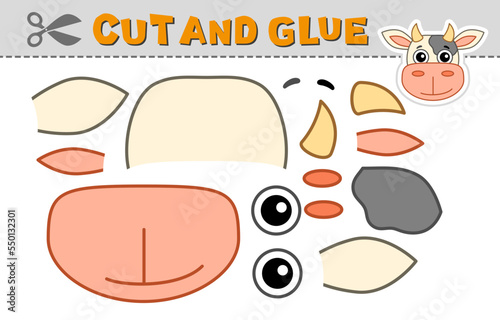 Cut out applique and glue a cow, bull head. Vector illustration. Paper game for children's creativity, activity and learning