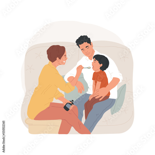 Taking medication isolated cartoon vector illustration. Toddler health, parent gives syrup on a spoon, sick child, kid with open mouth, family healthcare vector cartoon.