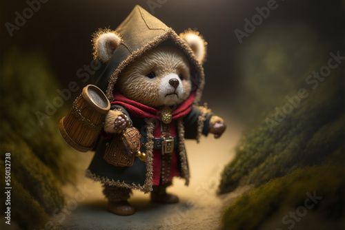 Tiny cute and adorable Bear as adventurer dressed in christmas outfit,digital art,illustration,Design photo