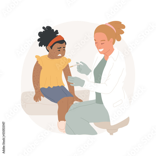 First aid isolated cartoon vector illustration. Doctor giving a shot to a child with swollen face, anaphylaxis first aid, severe allergic reaction, allergy emergency, skin rash vector cartoon.