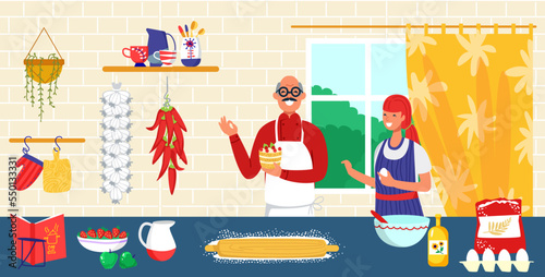 Professional cooking pastry chef, old male character confectionery with student woman kitchener flat vector illustration.