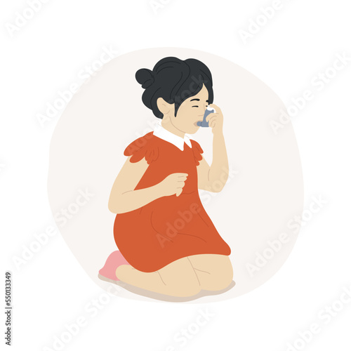 Use inhaler isolated cartoon vector illustration. Childs inhaler, kid breathing in a device, asthma treatment, childhood health problem, using puffer, shortness of breath vector cartoon.