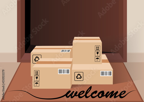 Door-to-door delivery, parcels on a welcome mat. Template for your commerce, promotion and advertising.