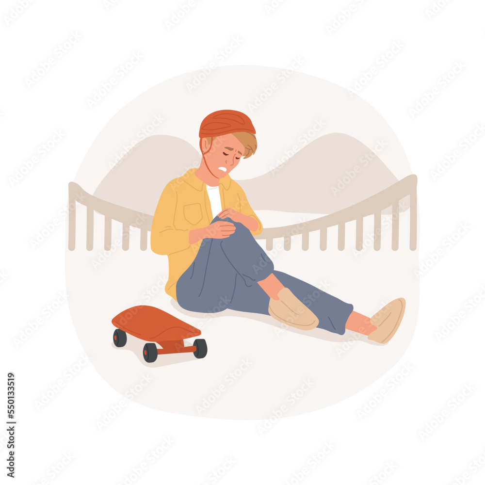 Injury isolated cartoon vector illustration. Teenage boy felling off skateboard and getting injured, extreme sport issues, active lifestyle, emergency help, tragic face vector cartoon.