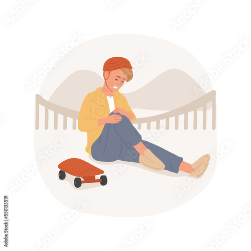 Injury isolated cartoon vector illustration. Teenage boy felling off skateboard and getting injured, extreme sport issues, active lifestyle, emergency help, tragic face vector cartoon.