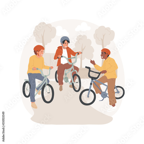 BMX isolated cartoon vector illustration. Group of teenage boys sitting on bmx and talking, getting adrenaline, extreme sport, active lifestyle, leisure time with friends vector cartoon.