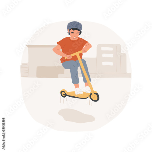 Freestyle scootering isolated cartoon vector illustration. Young teenage boy riding kick scooter in skate park, guy performing freestyle tricks, extreme sport, active lifestyle vector cartoon.