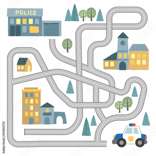 Maze game with vehicles and tangled road. Help the police car to reach the police office
